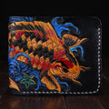Men's hand-carved cow leather short bifold wallet in red, shown open.