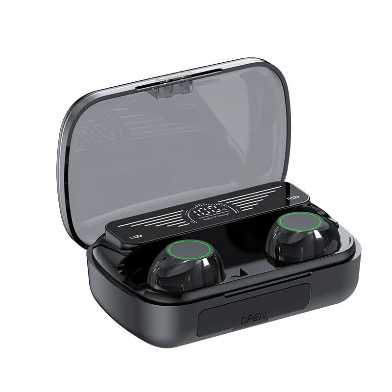 Wireless Bluetooth 5.3 TWS sports earbuds with touch controls and power display, earplug style in black