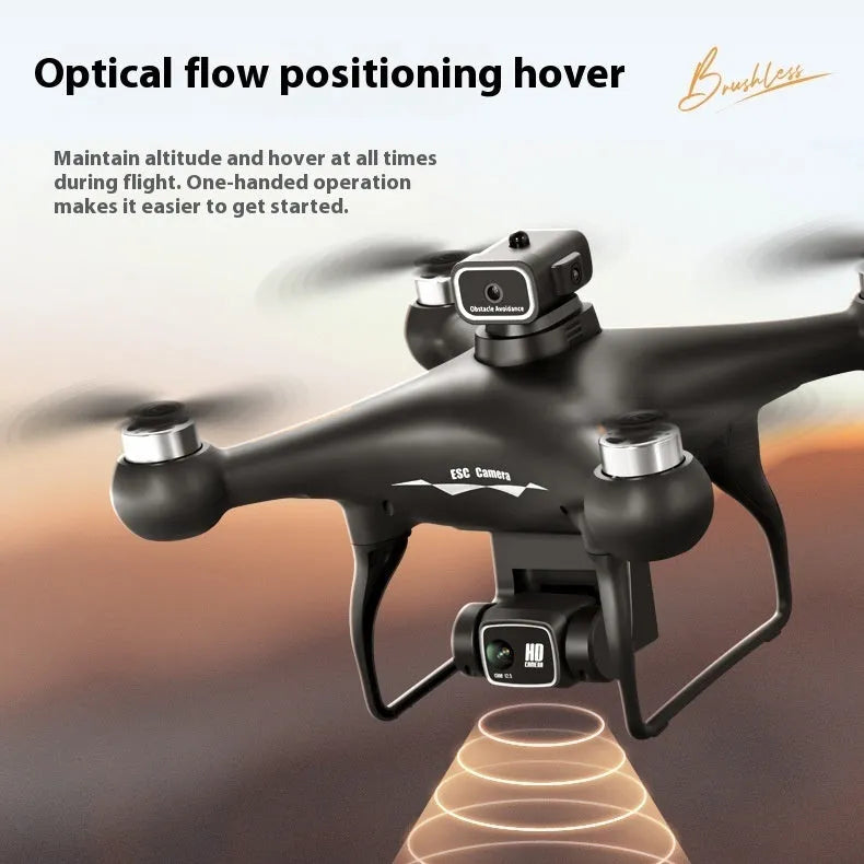 Black brushless motor drone with four obstacle avoidance sensors and dual HD cameras for aerial photography