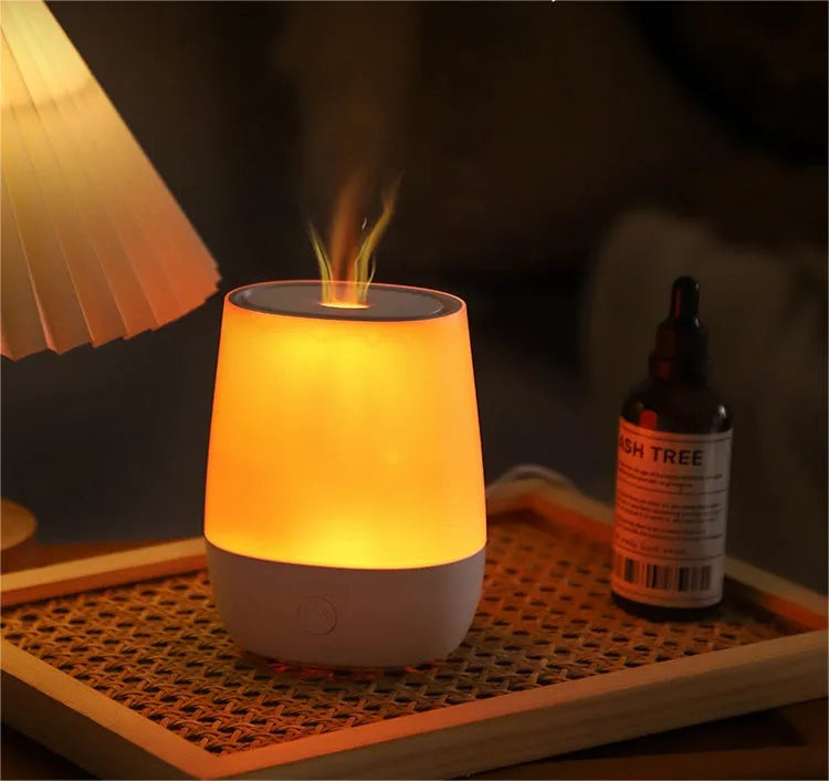 White USB aromatherapy diffuser with simulation flame effect and water tank