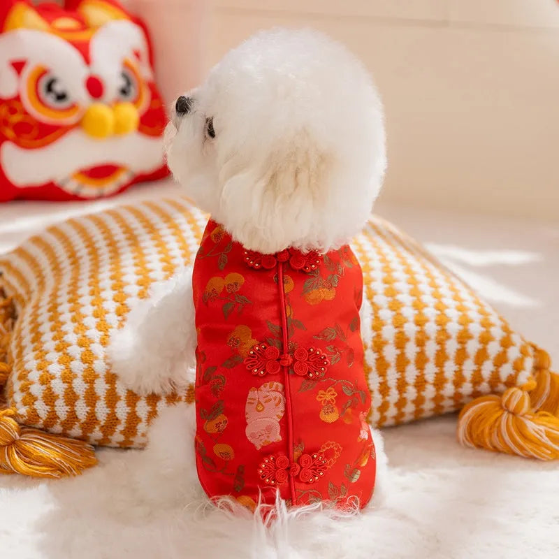 Red cheongsam pet vest with decorative knot buttons, floral and fruit patterns, for Lunar New Year