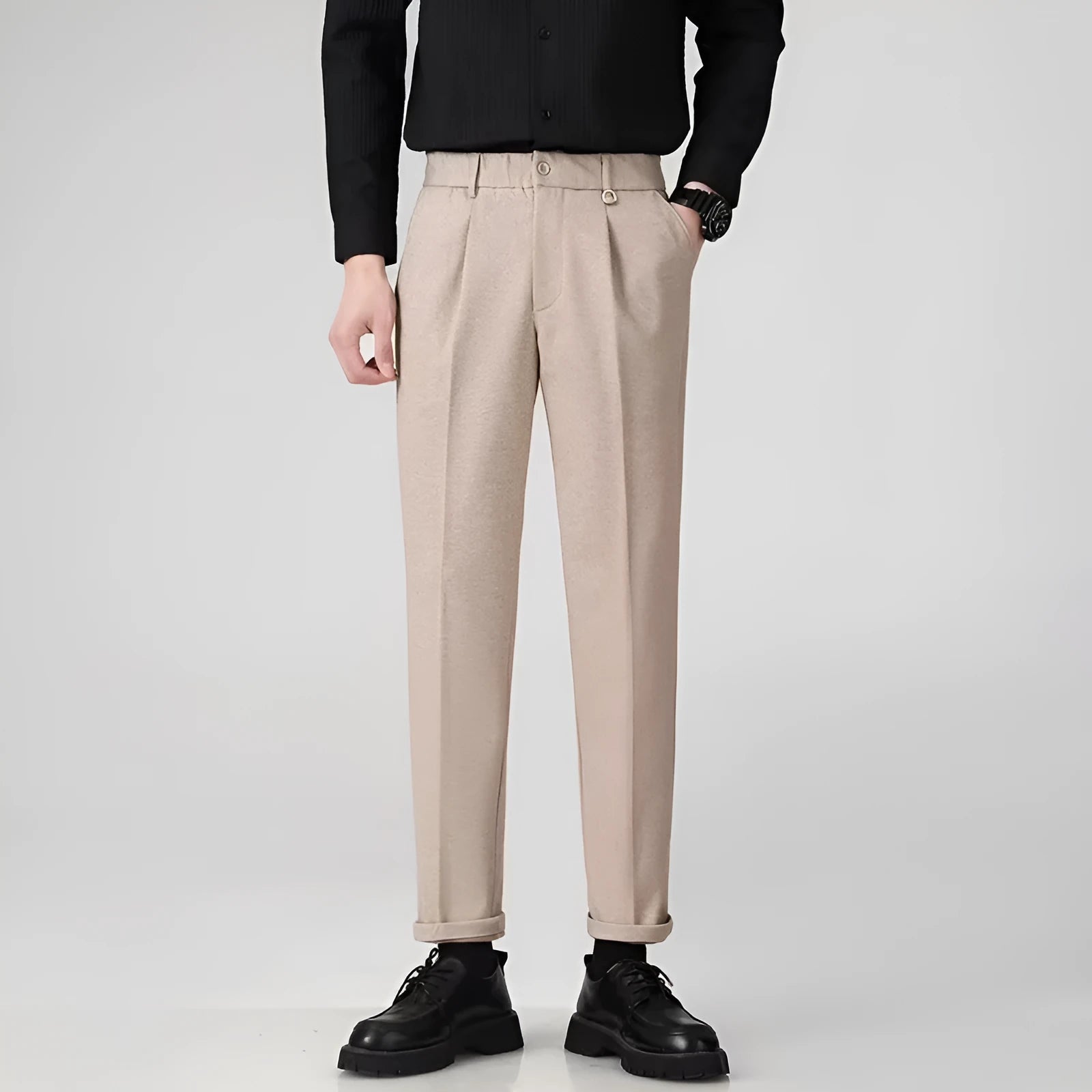 Men's straight leg business casual trousers in polyester fabric with draped styling