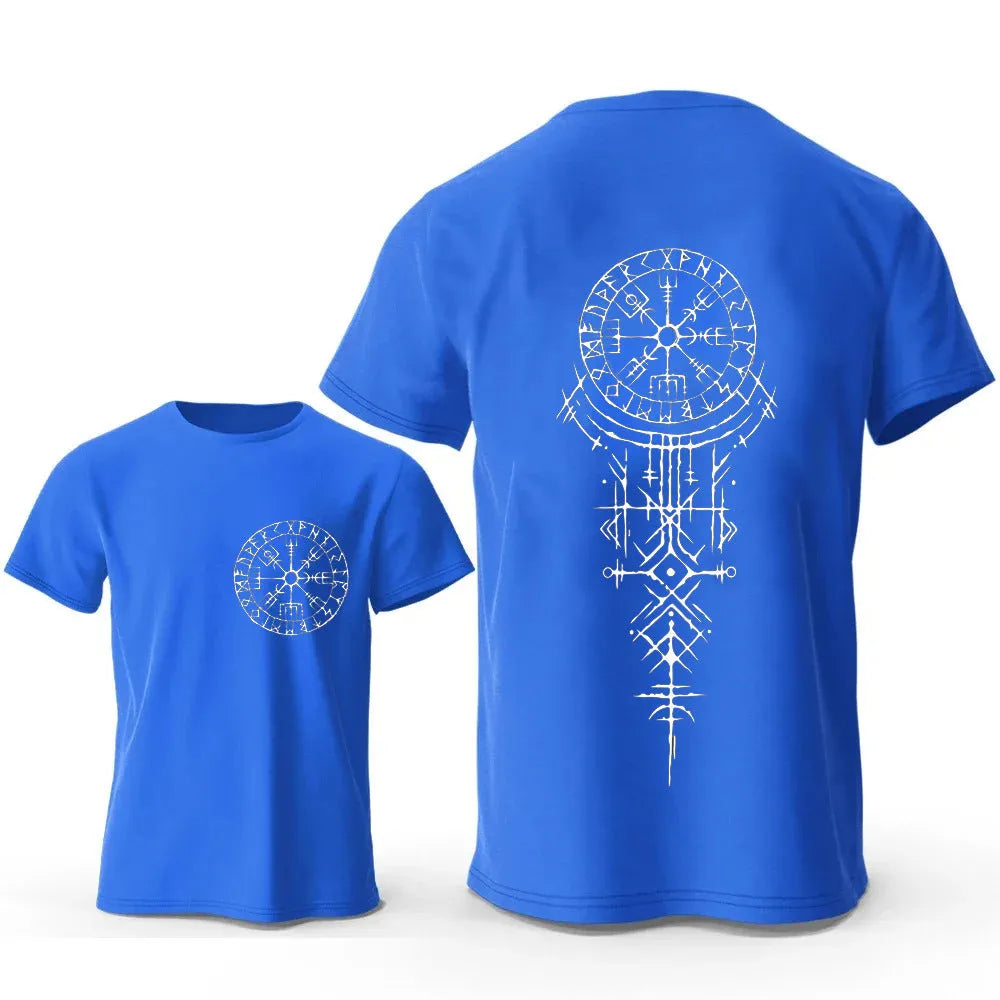 Men's grey cotton T-shirt with a printed Viking rune compass design on the chest.