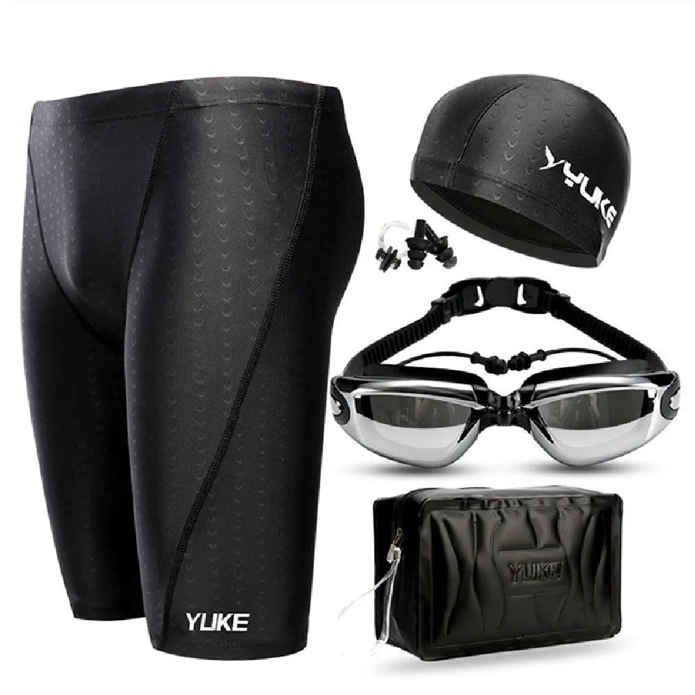 Men's black polyester swimming set with trunks, goggles, cap, accessories, and bag