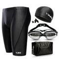 Men's black polyester swimming set with trunks, goggles, cap, accessories, and bag