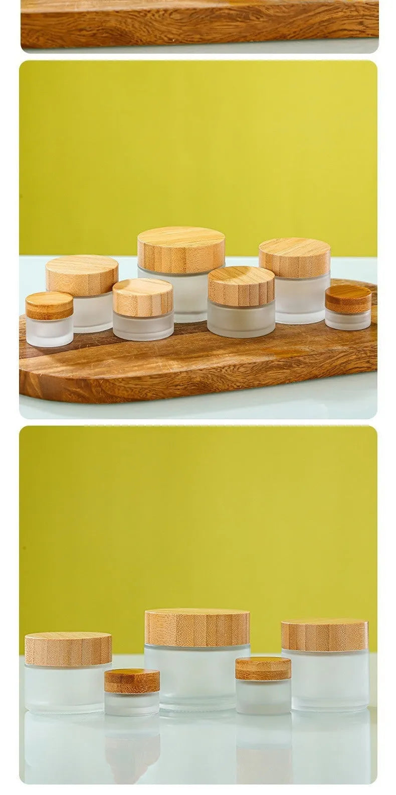Glass sub-bottle with bamboo wood cover for travel cream in 50g size, transparent finish