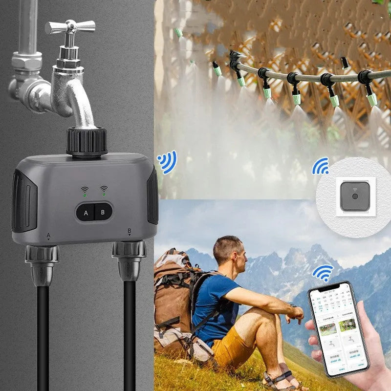 Bluetooth dual watering controller with timer connected to outdoor tap, 122x58x141.5mm, plastic body, IPX5 waterproof