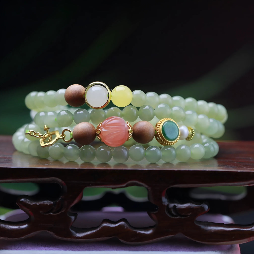 Natural Hetian jade necklace with red lotus, white sandalwood, and beeswax beads, unisex style with fu character motif