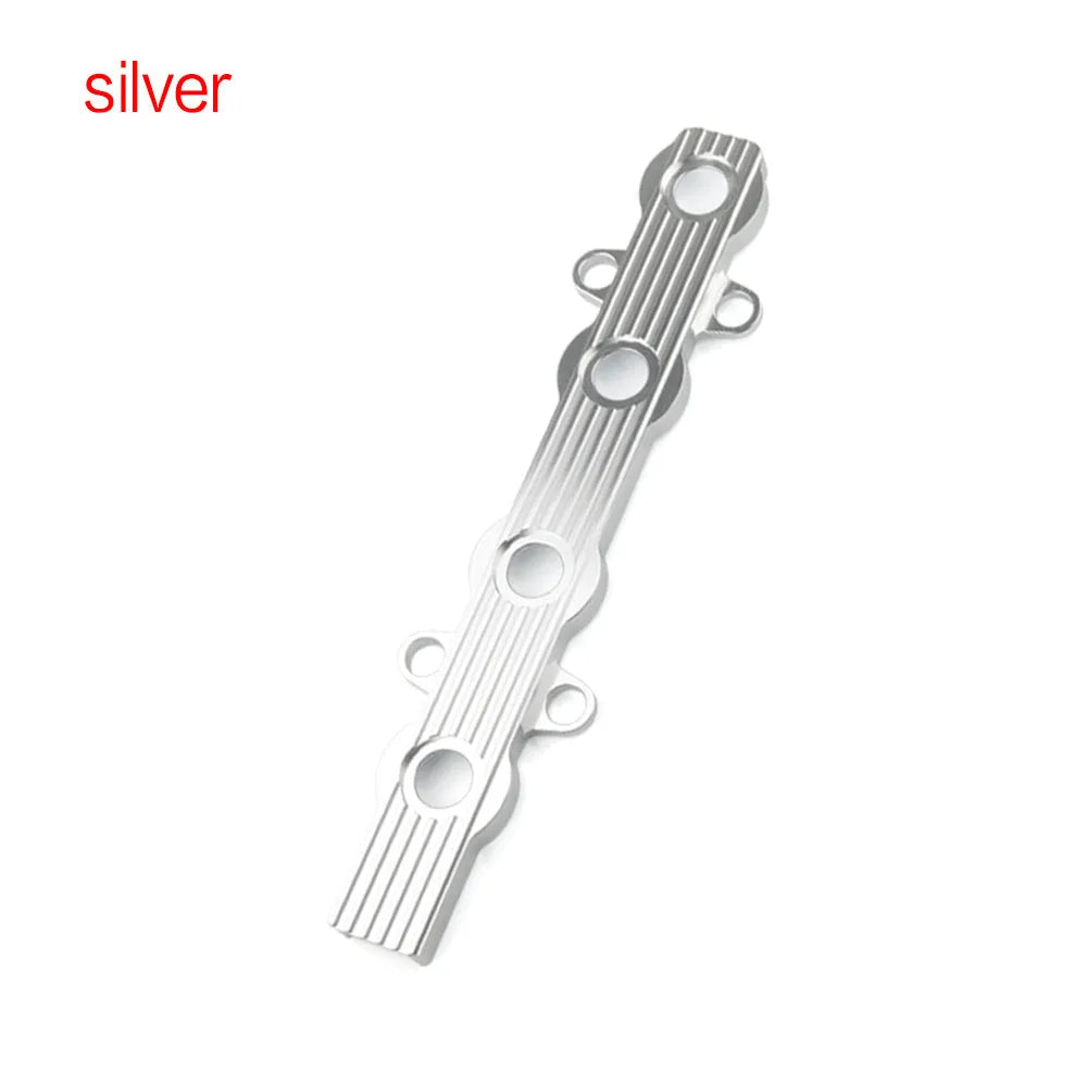 Aluminium alloy engine harness mounting bracket in blue, red, or silver finish, shown with and without pre-drilled holes.