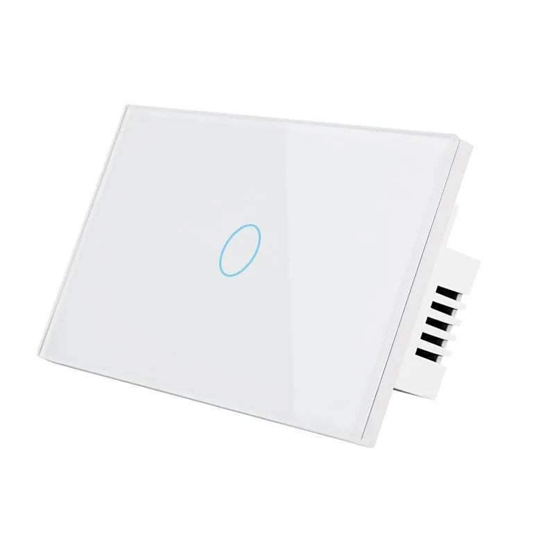 2-gang touch light switch with tempered glass panel and RF remote control in black, white, or gold