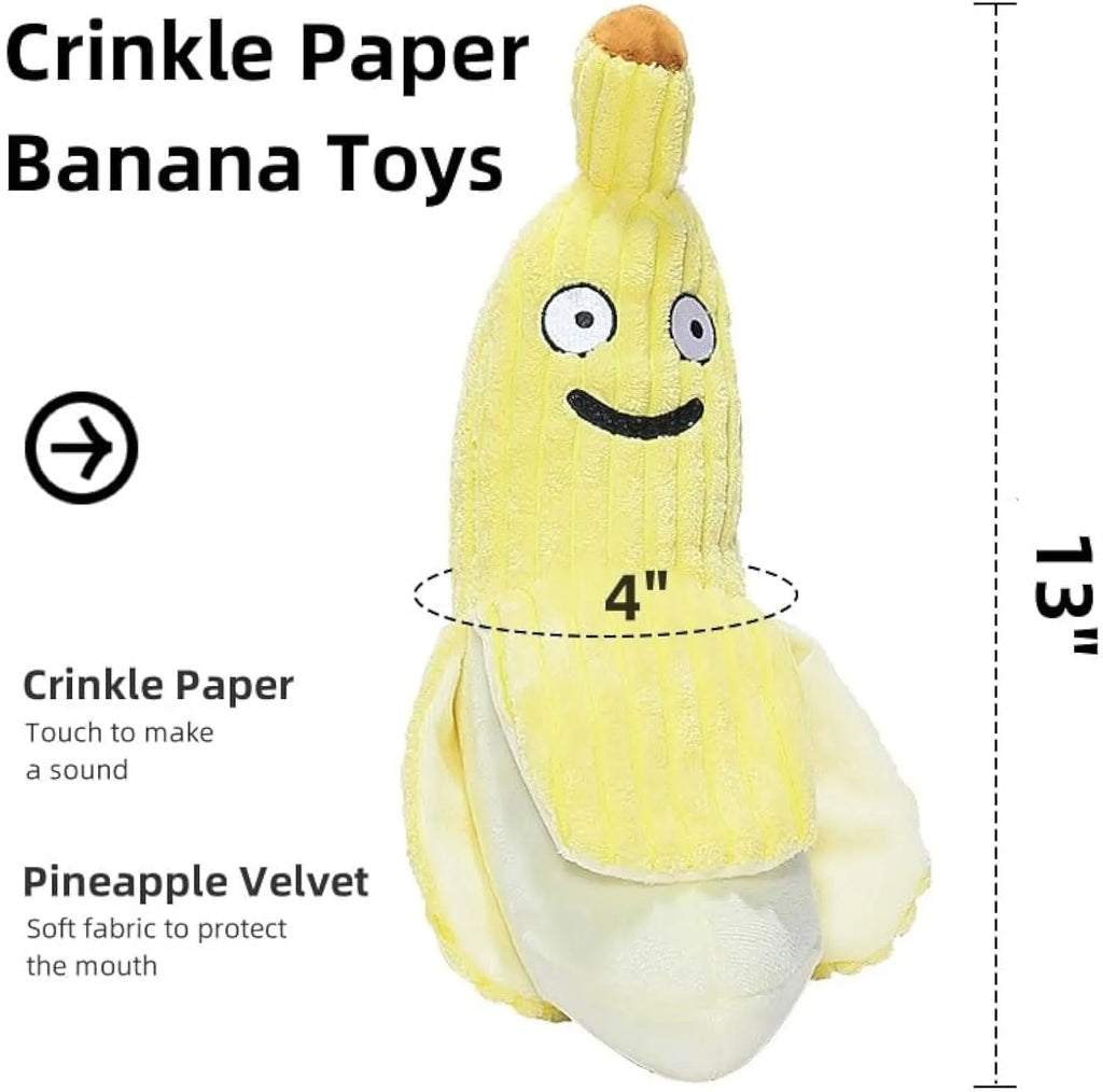 Yellow banana-shaped plush cat toy with crinkle sound, shown next to a cat for scale.