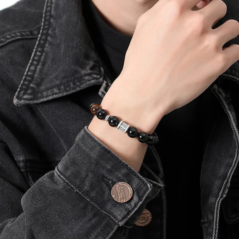 Obsidian six-word mantra bracelet for men, hand-woven 10mm beads, prayer wheel design, black colour