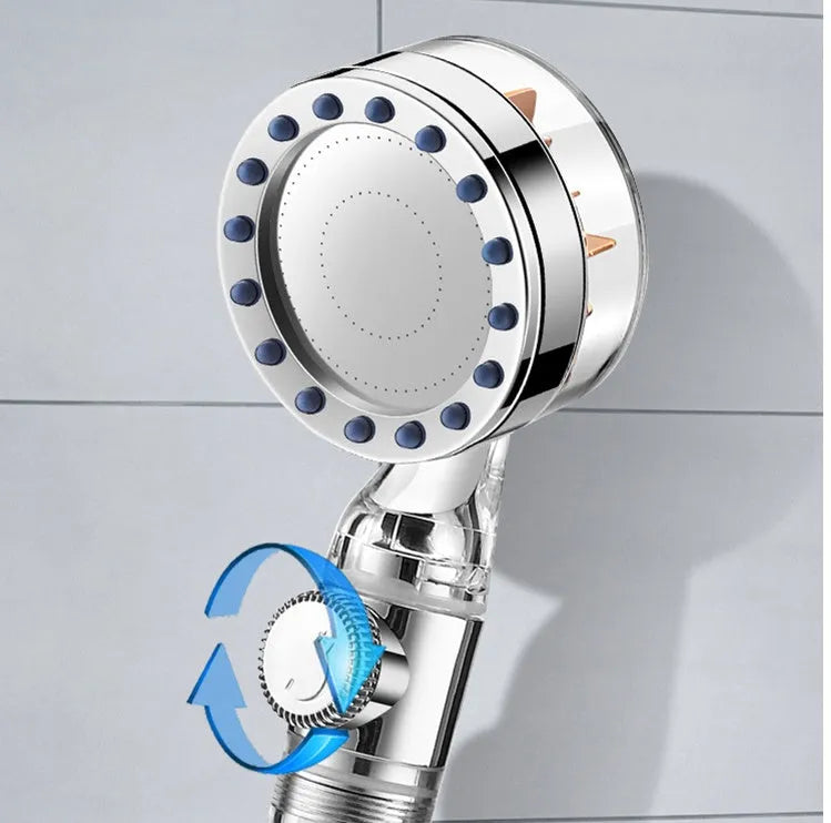 High pressure turbo shower head with ABS body, stainless steel panel, silicone nozzles, and one-key stop button