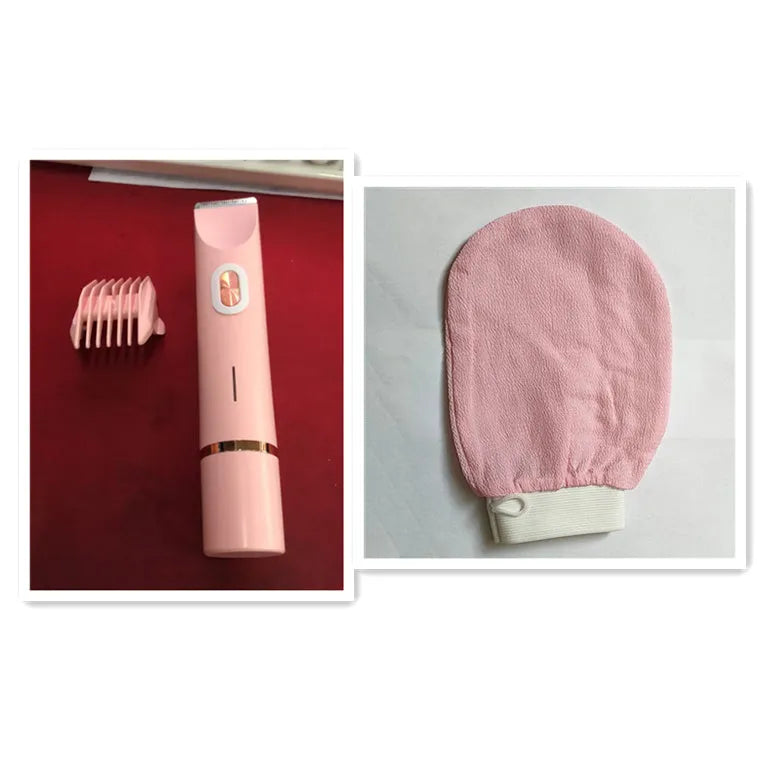Pink 2 in 1 women's electric hair remover double head shaver with USB cable on white background