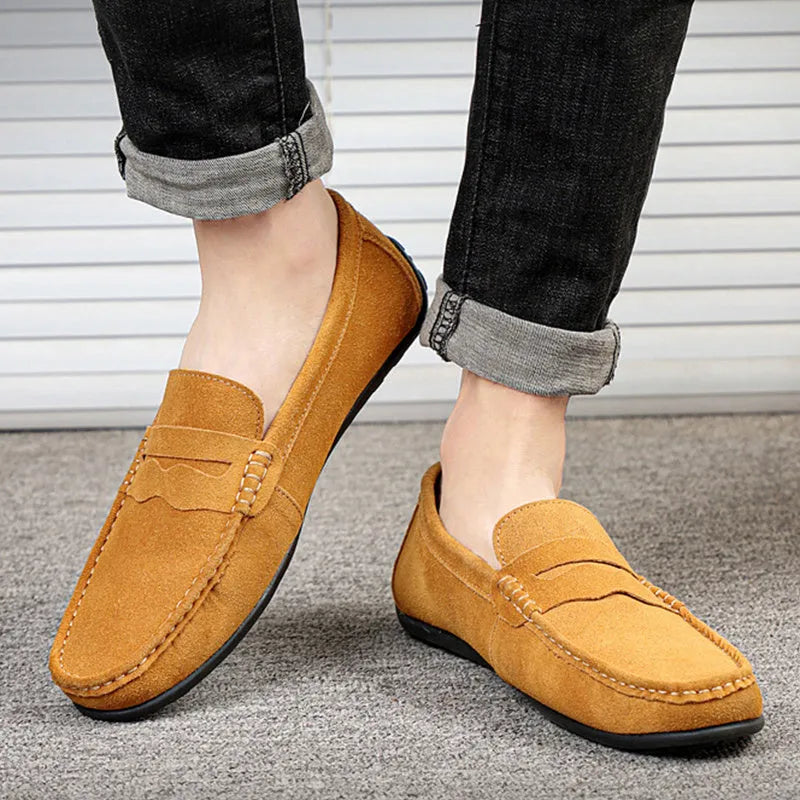 Men's suede loafers slip-on casual shoes cowhide leather round toe rubber sole