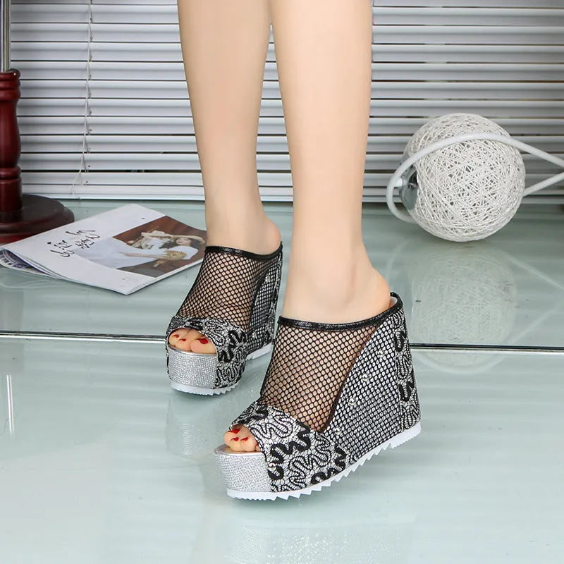 Korean style platform sandals with hollowed-out heel, mesh upper, and chunky waterproof sole