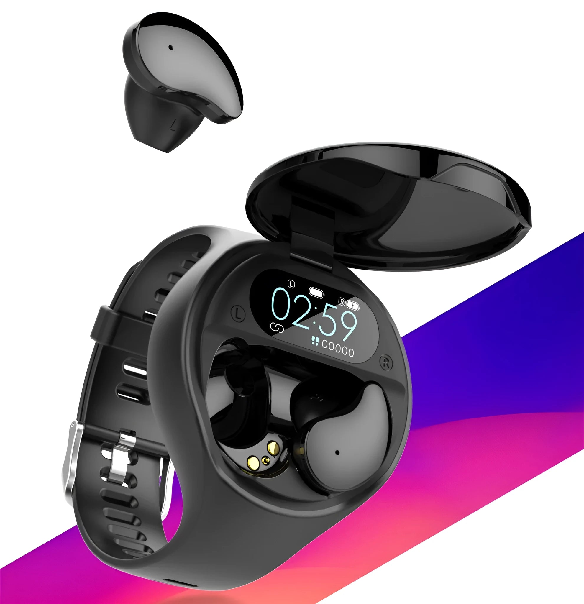 Black smart bracelet with detachable TWS Bluetooth earphones showing colour screen displaying heart rate and step count