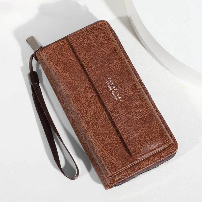 Men's black PU leather bifold wallet with multiple card slots, shown open and closed.