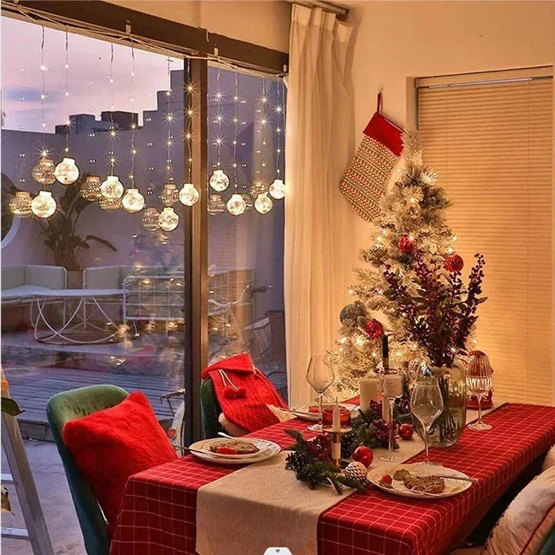 LED Christmas curtain lights with 10 fairy wishing ball lamps showing snowman, Christmas tree and elder designs