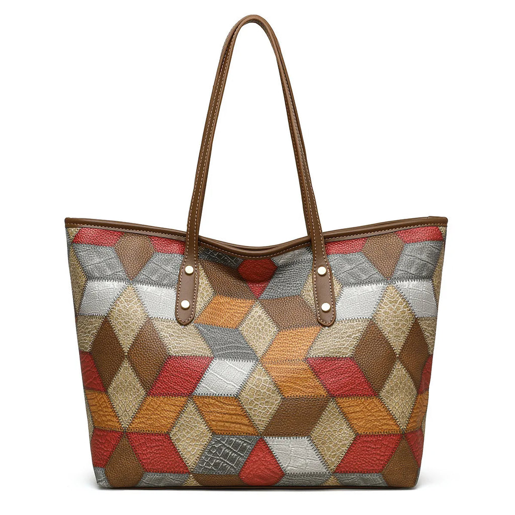 Women's PVC shoulder handbag with sandwich pocket design in blue brown colour