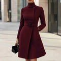 Women's long sleeve bohemian casual dress with standing collar, high waist, short skirt, available in black and wine red, sizes S to XXXL