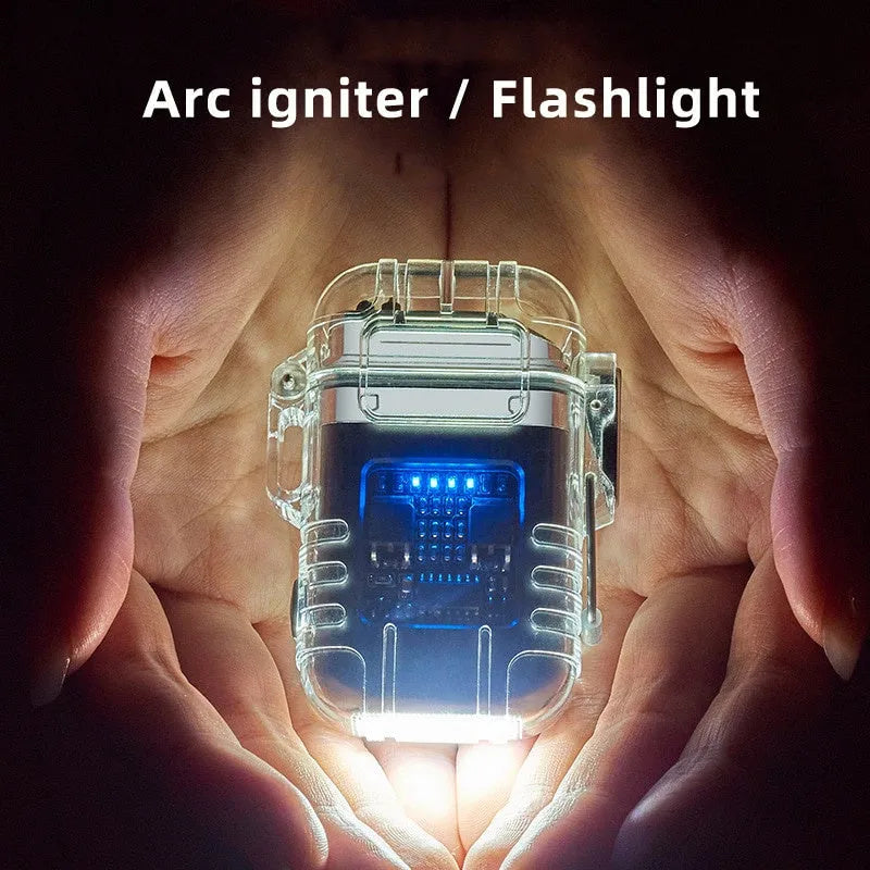 Transparent plastic double arc lighter with detachable clip, Type-C port, and button in black colour