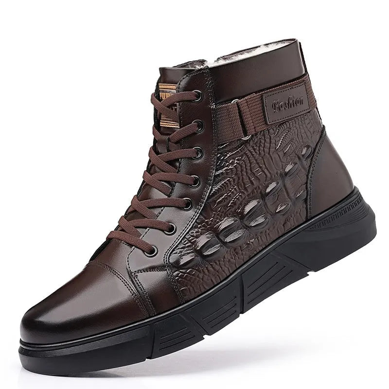 Men's black winter boots with fur lining, genuine leather uppers, and rubber soles shown with lace-up front