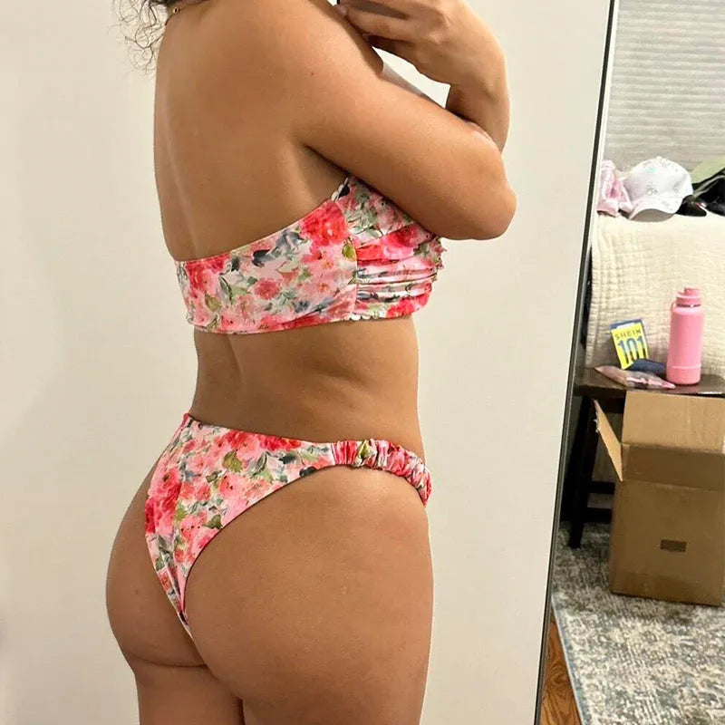 Women's floral lace trim bikini set with sleeveless tube top and matching briefs in backless design