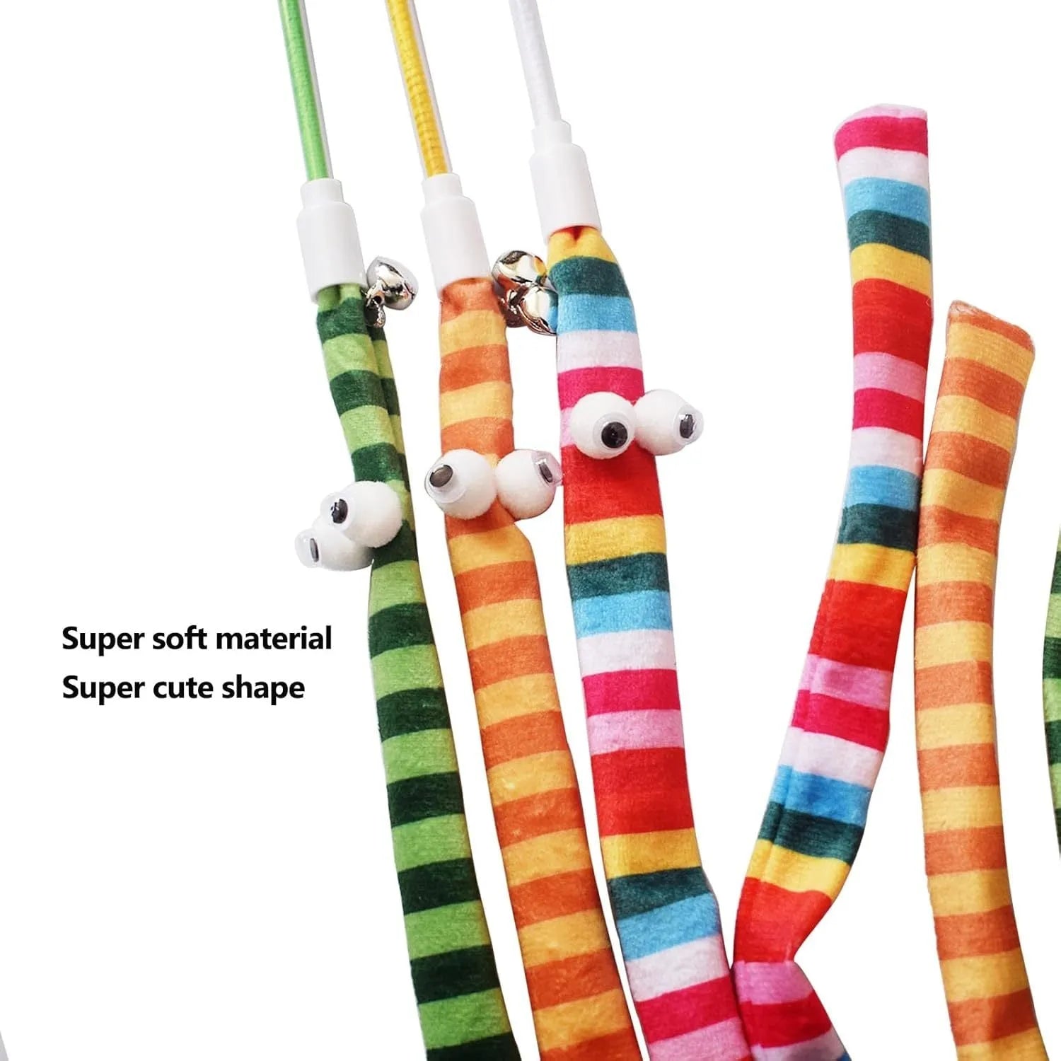 Cat wand toy with polycarbonate pole and long plush strip in rainbow colours with bell attachment