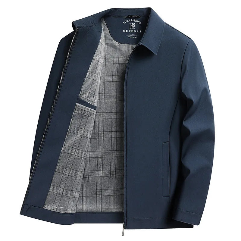Men's solid colour casual polyester polo collar jacket loose fit side pockets navy blue front view