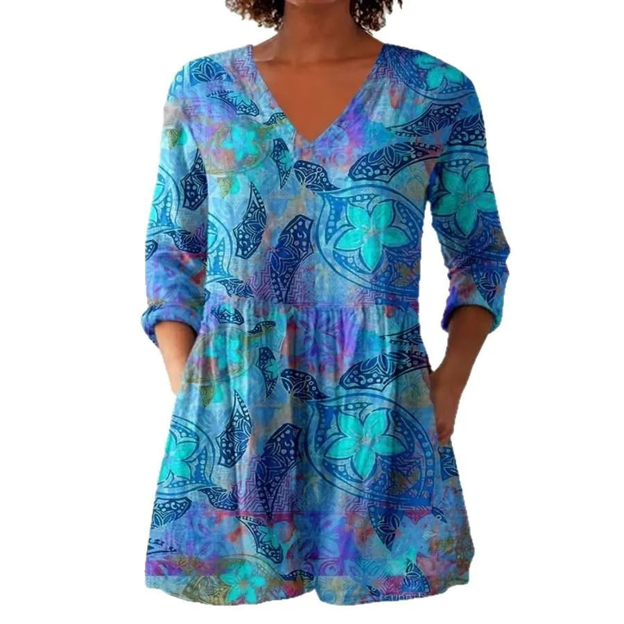 Women's retro slim fit printed long-sleeved polyester top in various colours and sizes