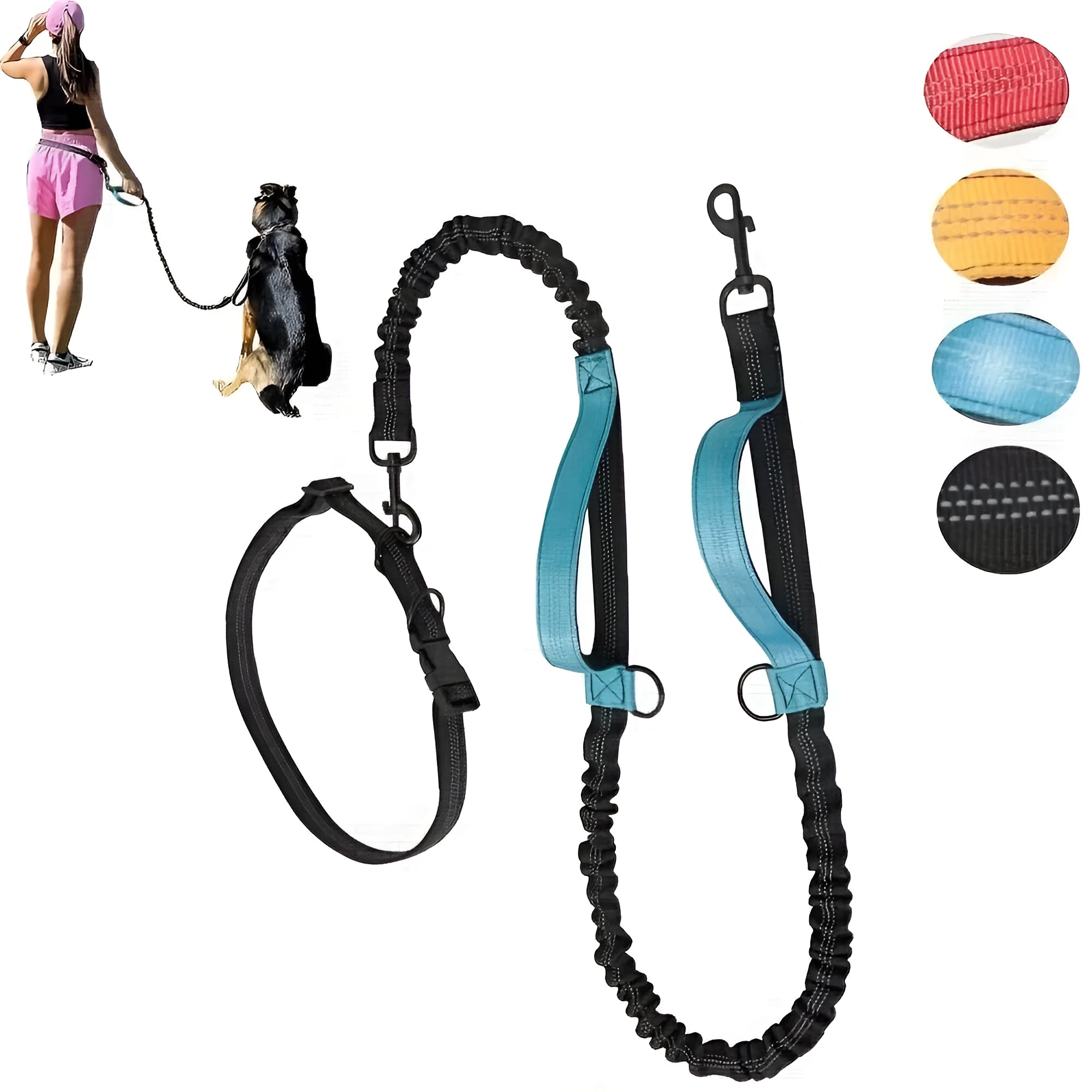 Hands-free dog leash with durable nylon construction and adjustable black waist belt for running and walking