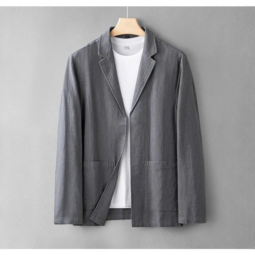 Summer menswear simple leisure suit linen long sleeve solid colour jacket in apricot gray and navy blue