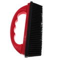 Red plastic pet hair removal brush measuring 160x85mm for grooming and carpet cleaning