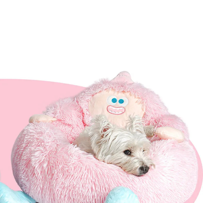 Long plush pet nest kennel in grey, thick warm bed for cats and small dogs, three sizes available S M L