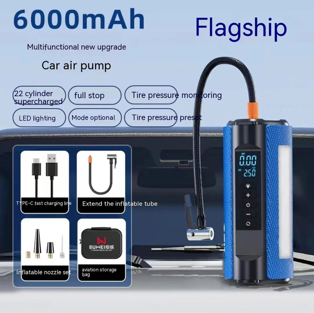 Portable car air pump with black ABS body, USB charging cable, and LED light on a dark surface