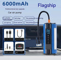 Portable car air pump with black ABS body, USB charging cable, and LED light on a dark surface