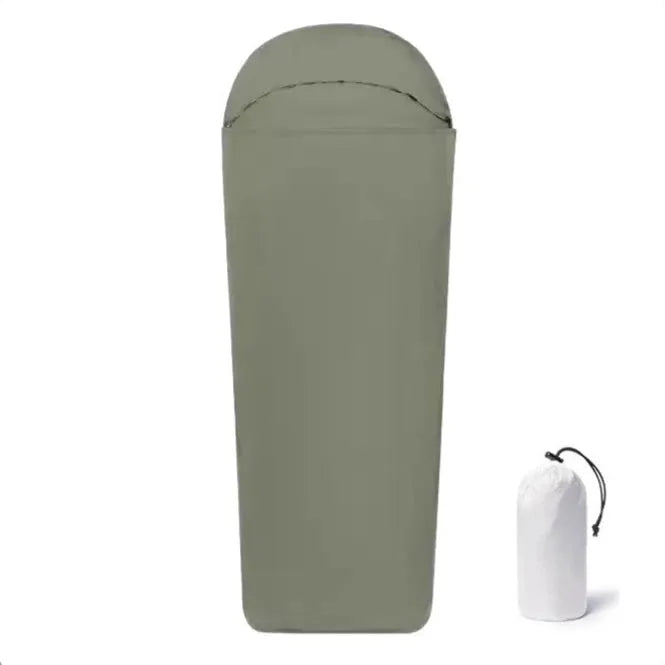 Blue nylon mummy-style camping sleeping bag for adults with carry bag