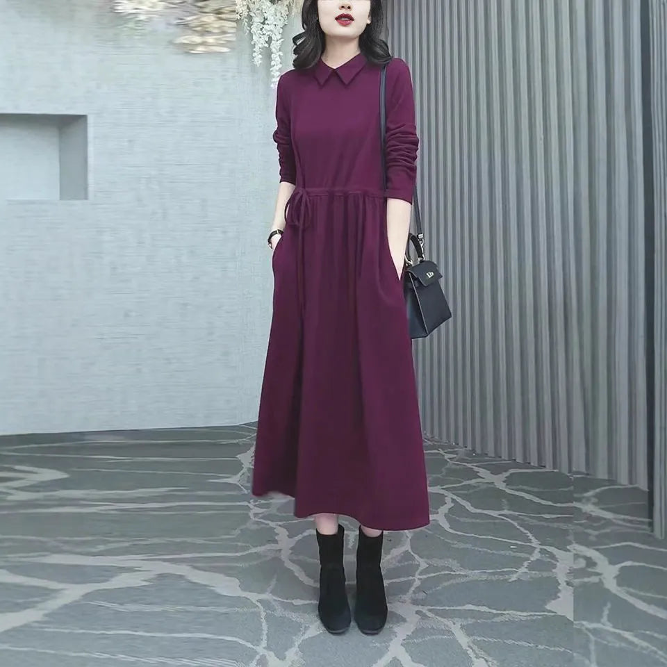 Purplish red women's plus size long dress with extra-long sleeves for autumn and winter wear
