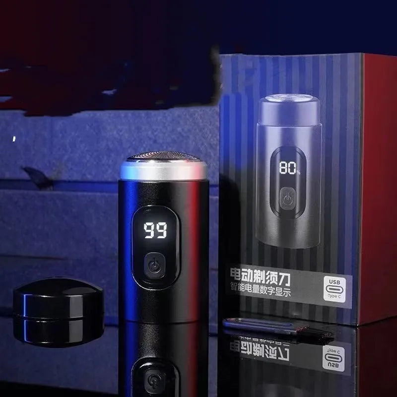 Black mini USB rechargeable shaver with LED display, shown with charging cable and cleaning brush.