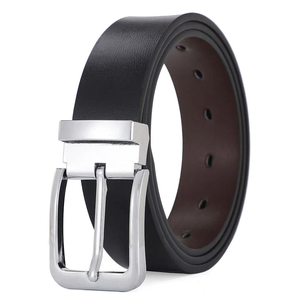 Men's genuine leather belt with alloy pin buckle and embossed water drop pattern on a flat surface