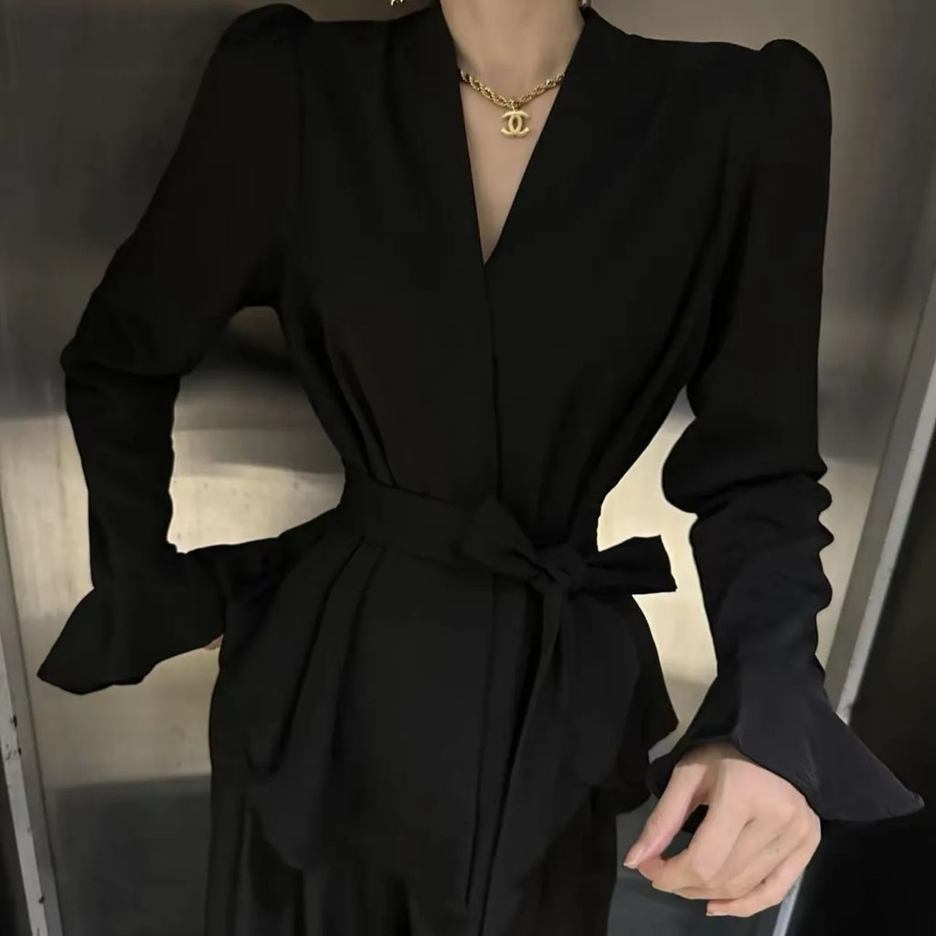 Women's French-style shirt with irregular collar design and long bell sleeves in polyester fabric