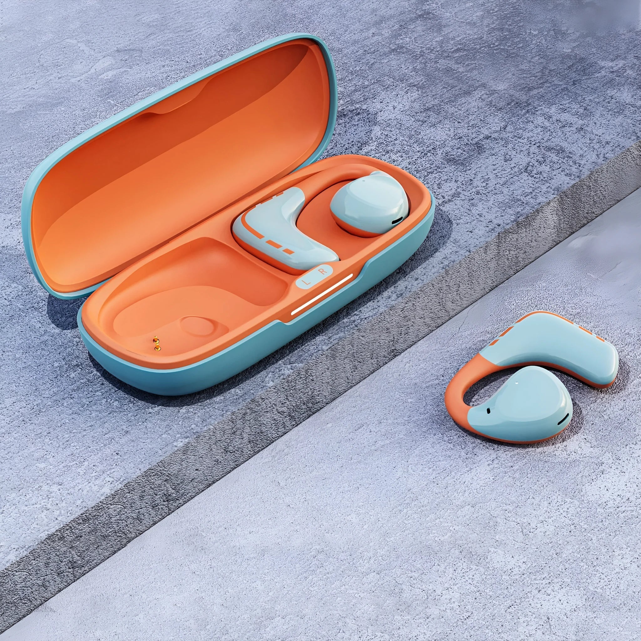 Blue orange mixed colour ear-mounted Bluetooth headset wireless sports with ear hook design and noise reduction