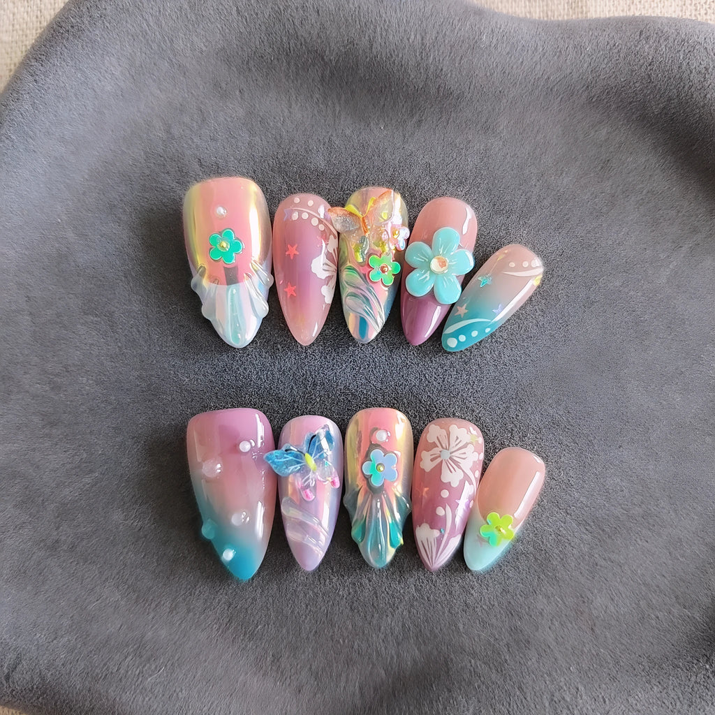 Handmade colourful flower and butterfly nail art sculptures in sizes XS, S, M, L.
