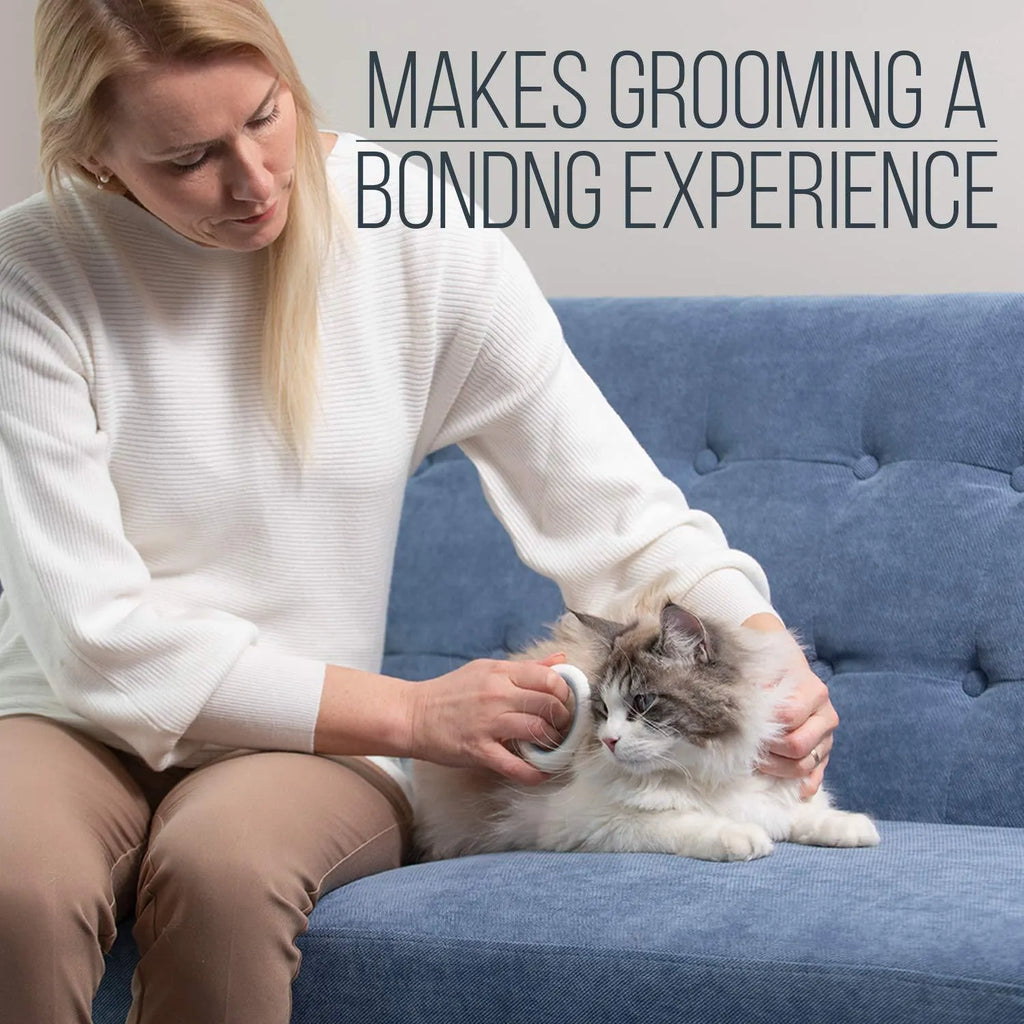 Blue plastic pet grooming comb for deshedding and dematting cat and dog hair.