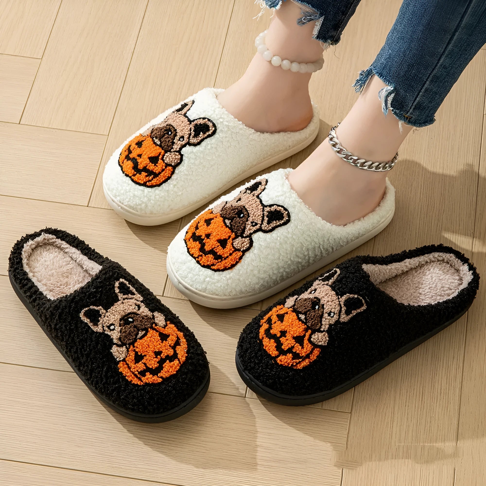 Halloween pumpkin patterned house slippers with plush velvet cotton upper and non-slip TPR rubber soles