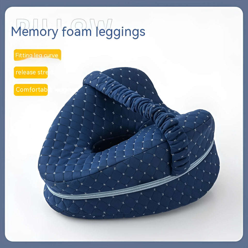 Dark blue jacquard heart-shaped memory foam leg pillow showing dimensions 25x23x13cm