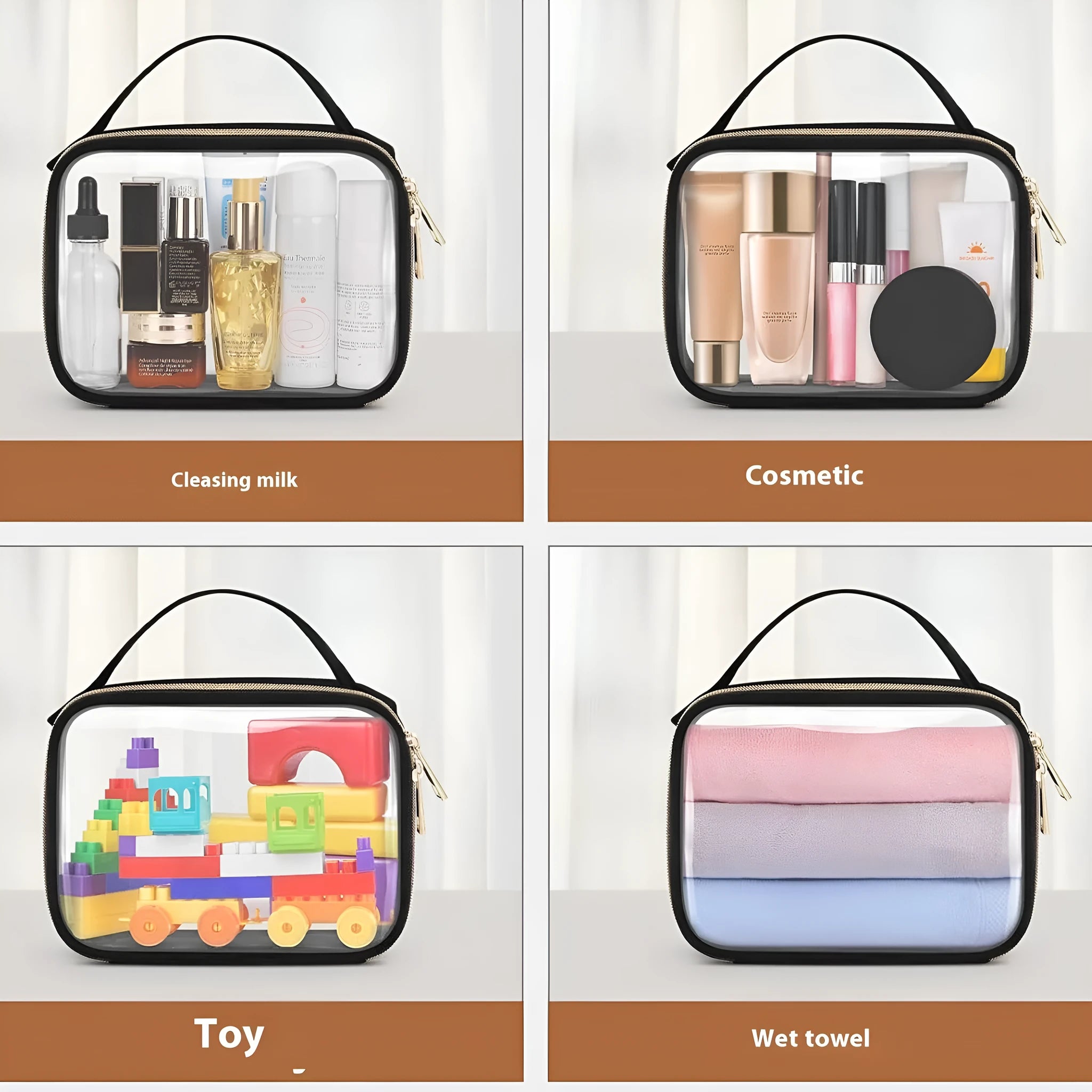 Transparent PVC lipstick storage wash bag with chain handle in leopard print colour