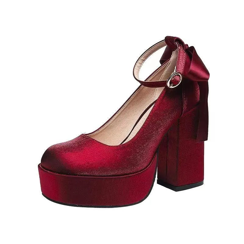 Waterproof platform women's thick heel red wedding shoes with chunky heel and buckle detail