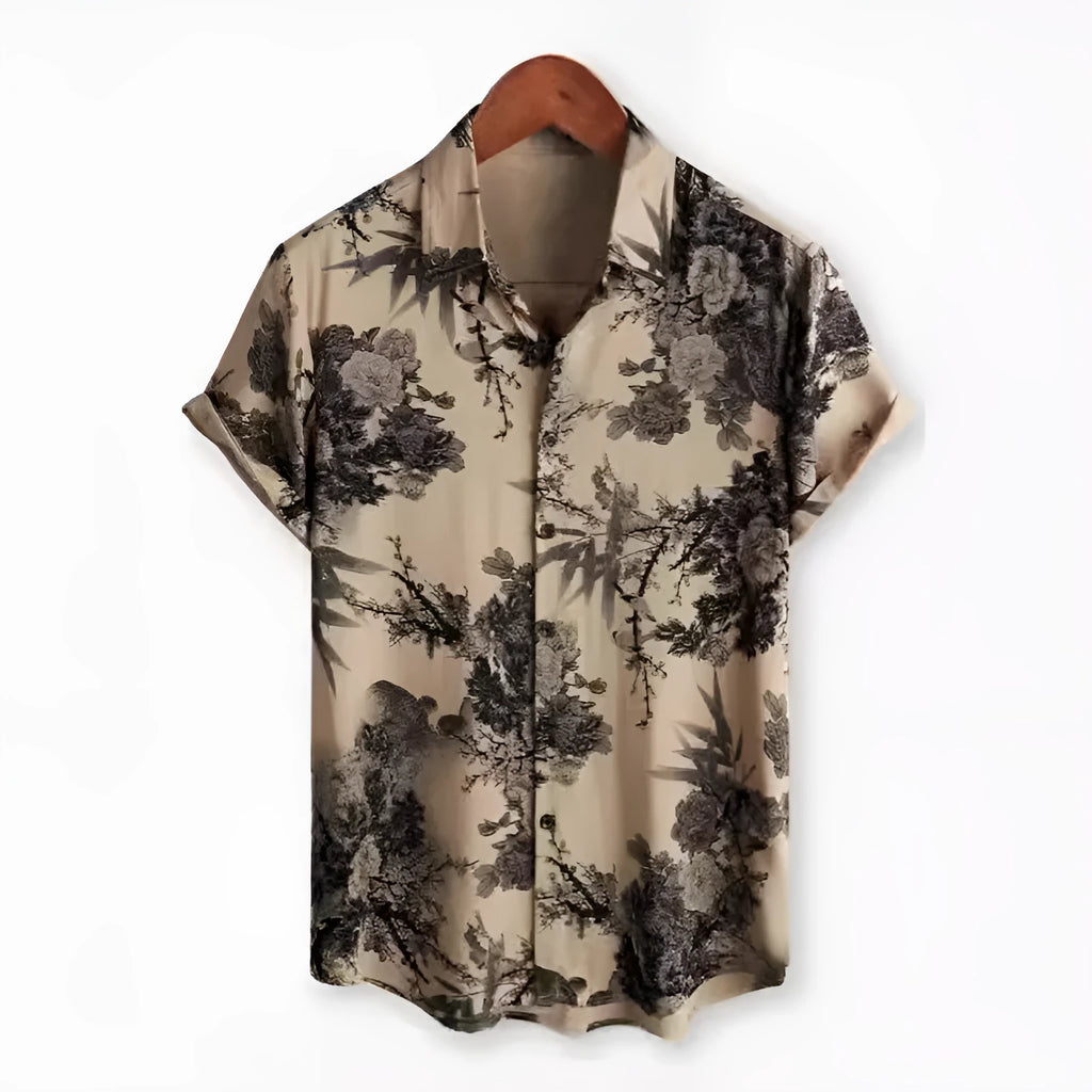 Hawaiian floral print short sleeve cardigan shirt with lapel collar in an elastic polyester fabric.